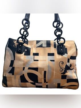 Salvatore Ferragamo Beige Black Gray Patterned Satin Shoulder Bag